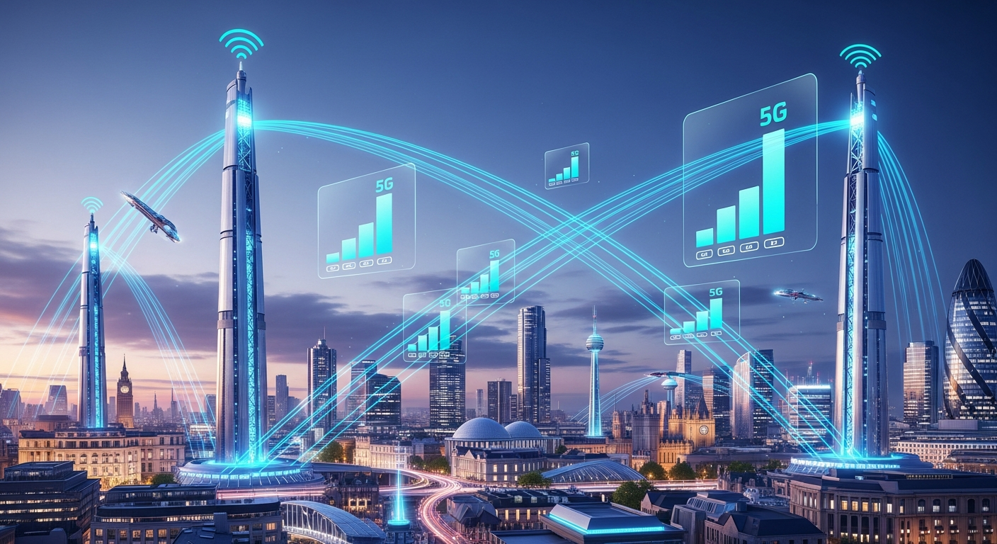 5G network towers transmitting high-speed signals across UK cityscape comparing different networks