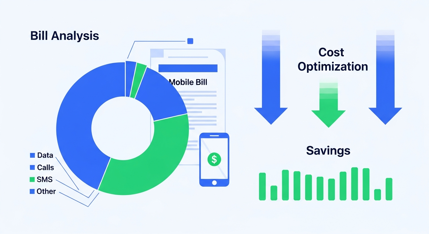 Bill analysis dashboard with cost breakdown pie chart and savings highlighted