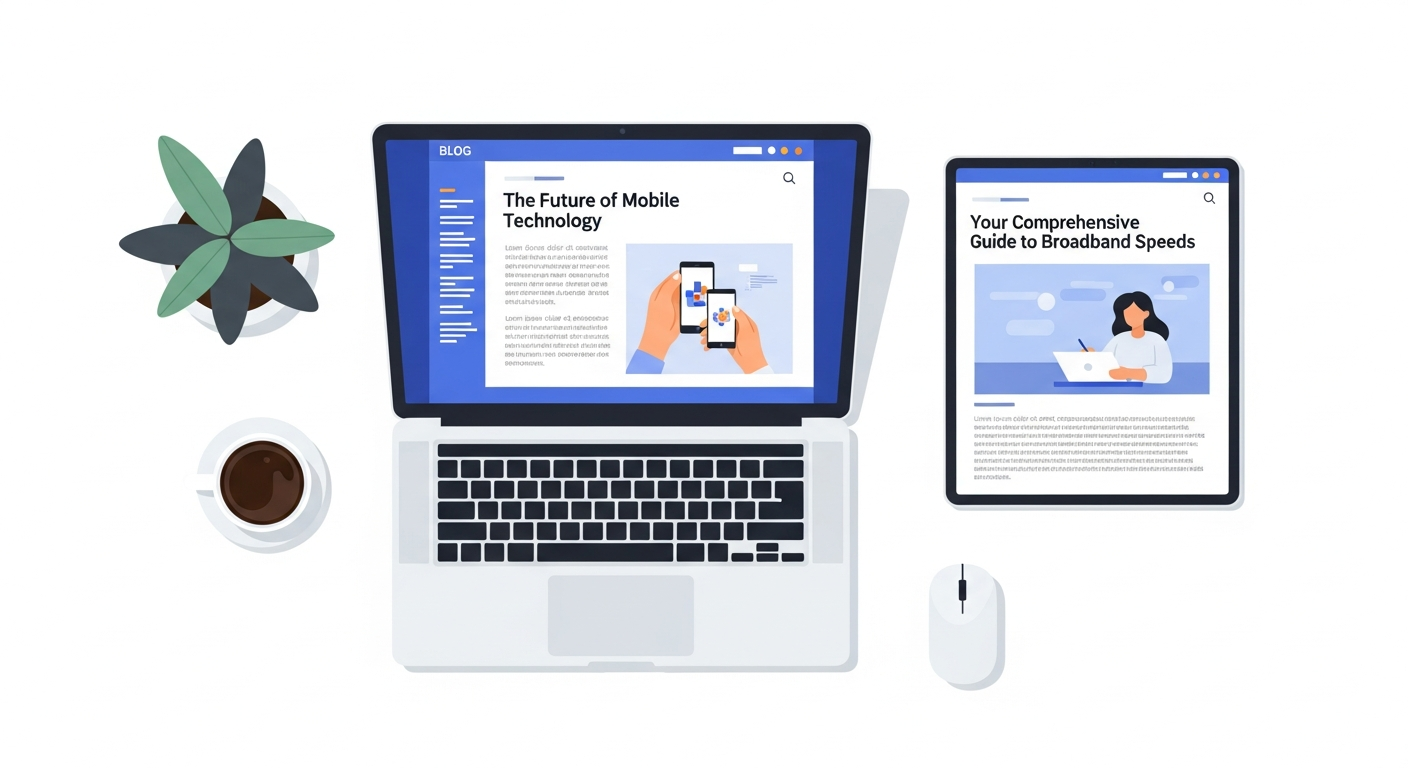 AtlasMobile blog editorial workspace with articles about mobile and broadband technology