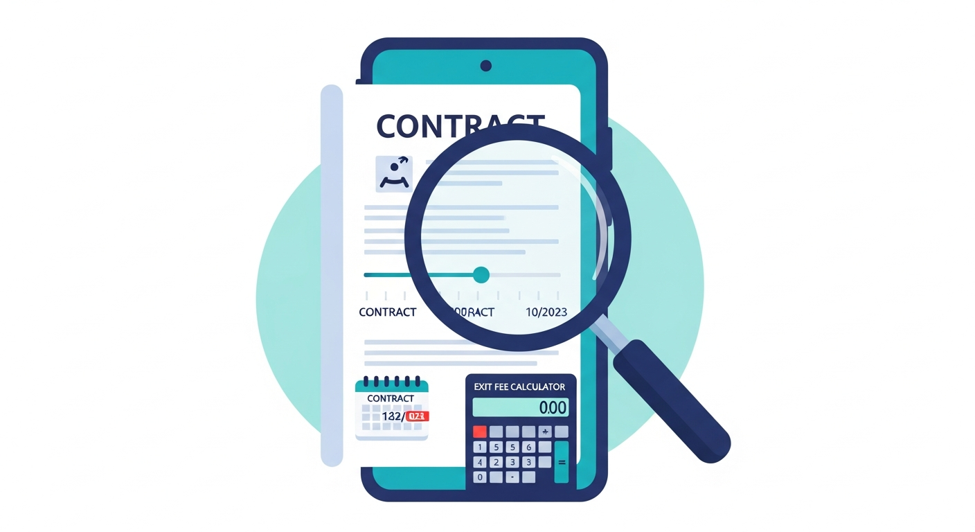 Contract status checker tool with magnifying glass examining mobile contract