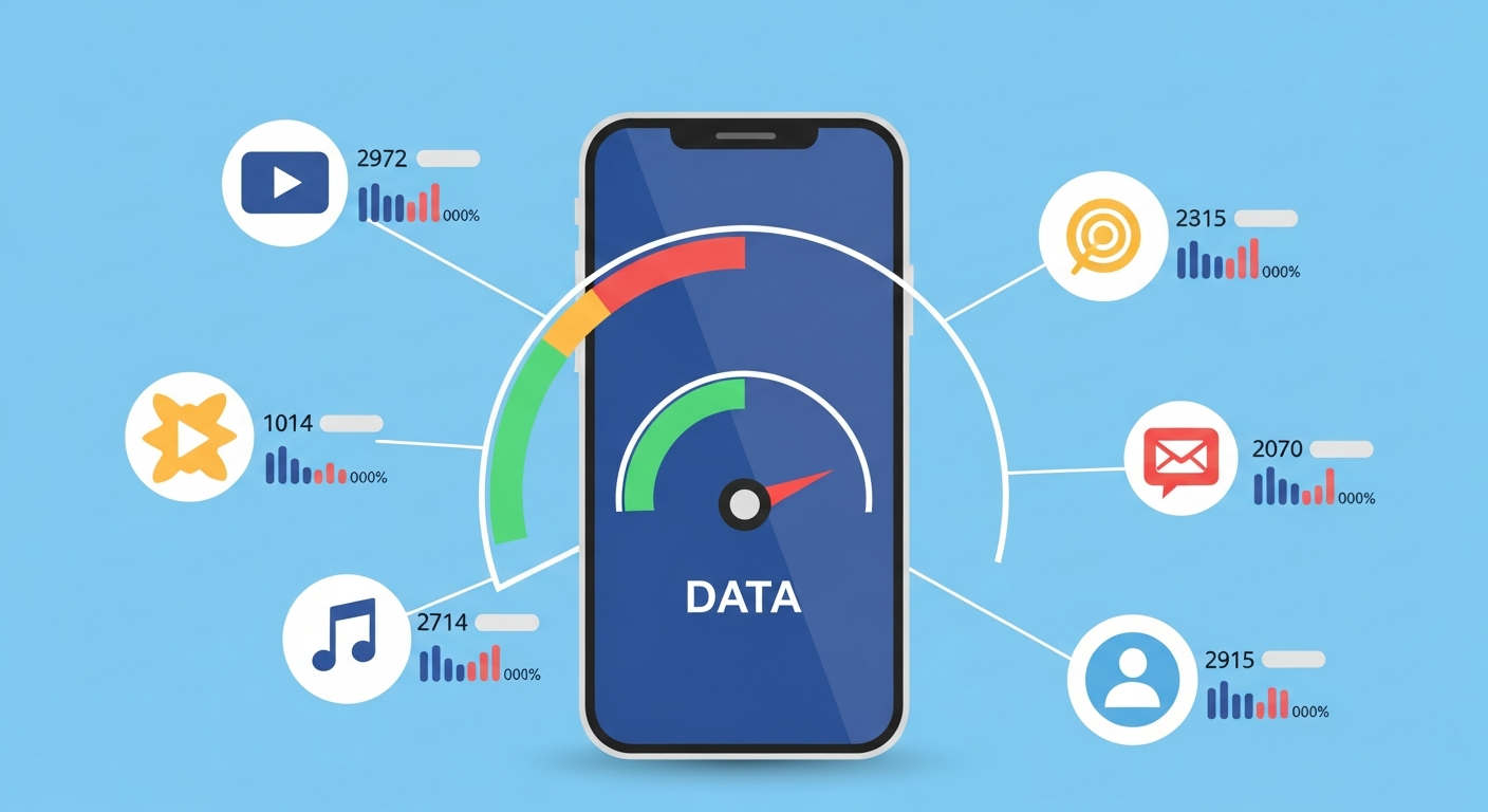 Data usage calculator tool with smartphone data meter and app icons