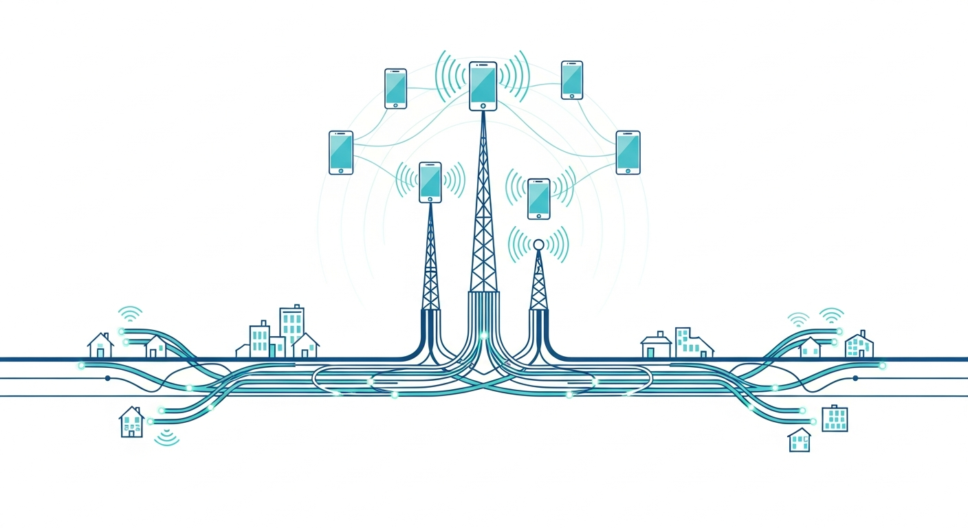 UK mobile phones and broadband connectivity illustration showing smartphones connected to cellular towers