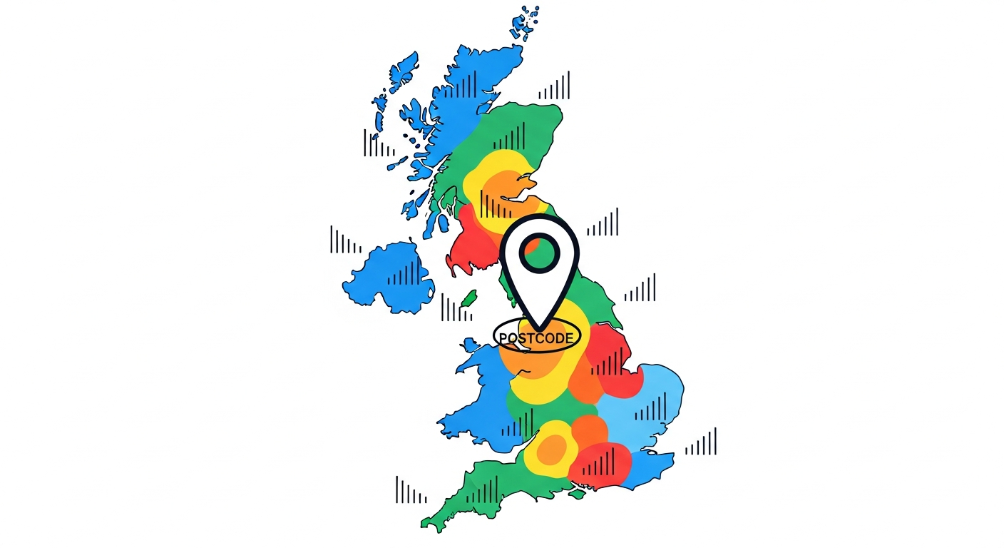 UK network coverage map checker with stylized map and coverage zones