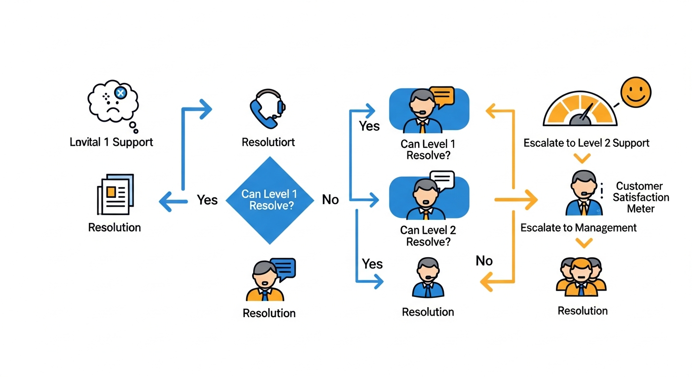 O2 complaint escalation process flowchart from initial complaint to resolution