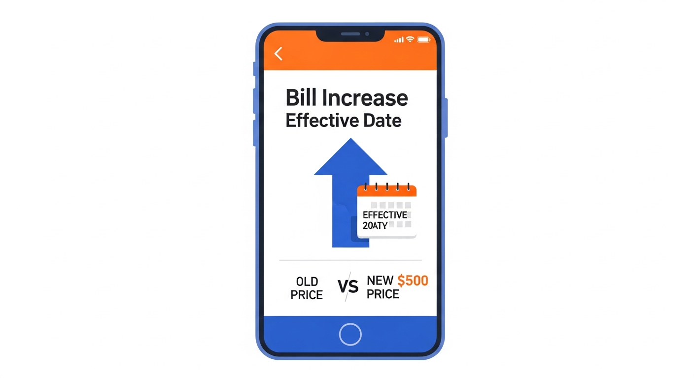 O2 mobile price increase notification with upward arrow and bill comparison