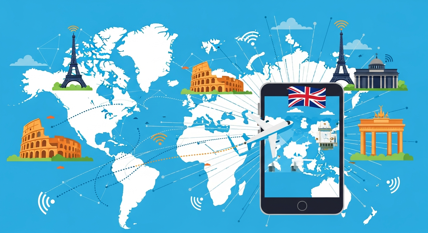 O2 international roaming travel concept with smartphone world map and airplane