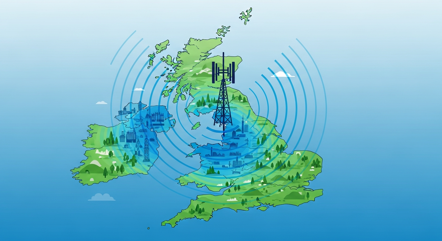 O2 mobile signal and coverage concept with cellular tower and signal strength across UK