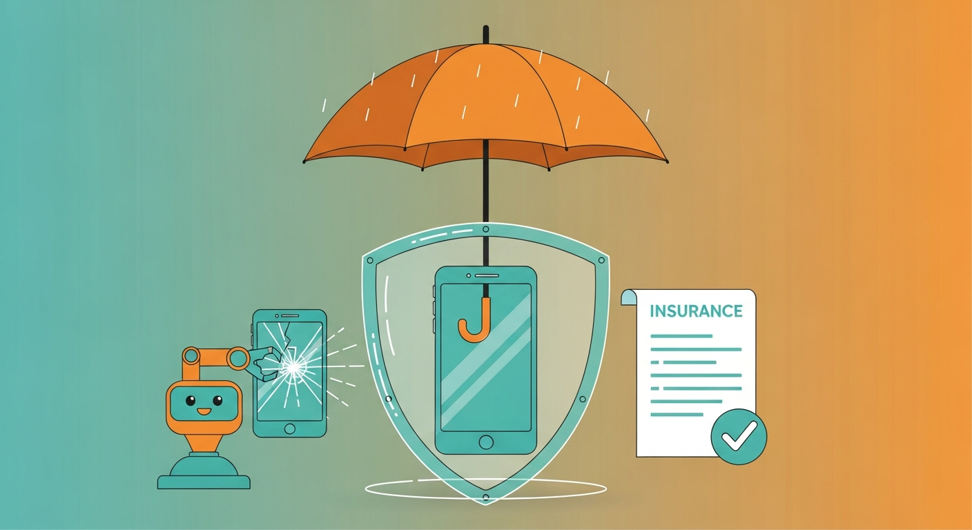 Phone insurance protection concept with smartphone inside protective shield and umbrella