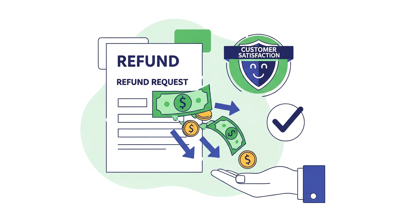 Refund process and policy with money being returned and confirmation checkmark