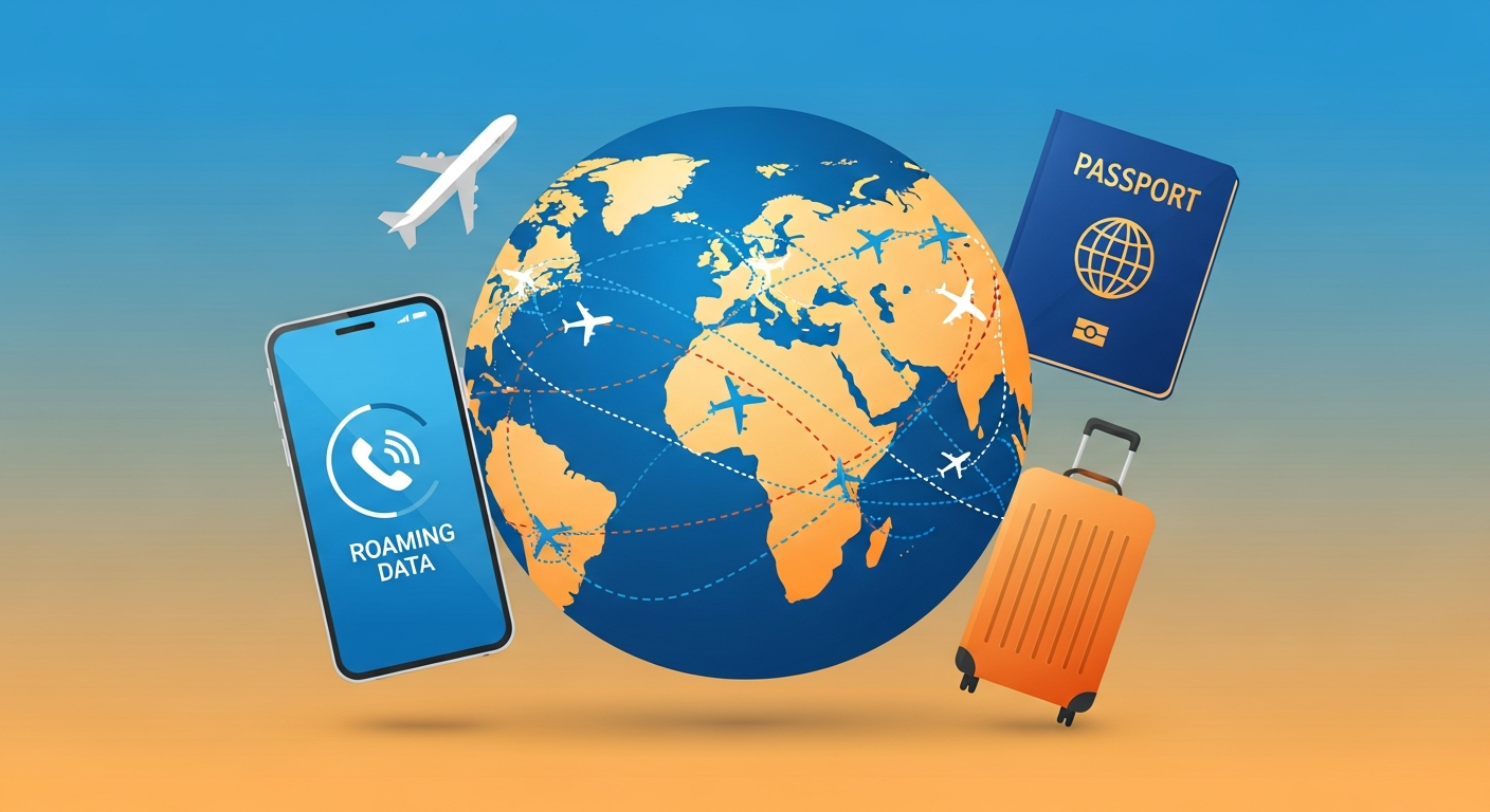 International travel and phone roaming with globe airplane routes and smartphone