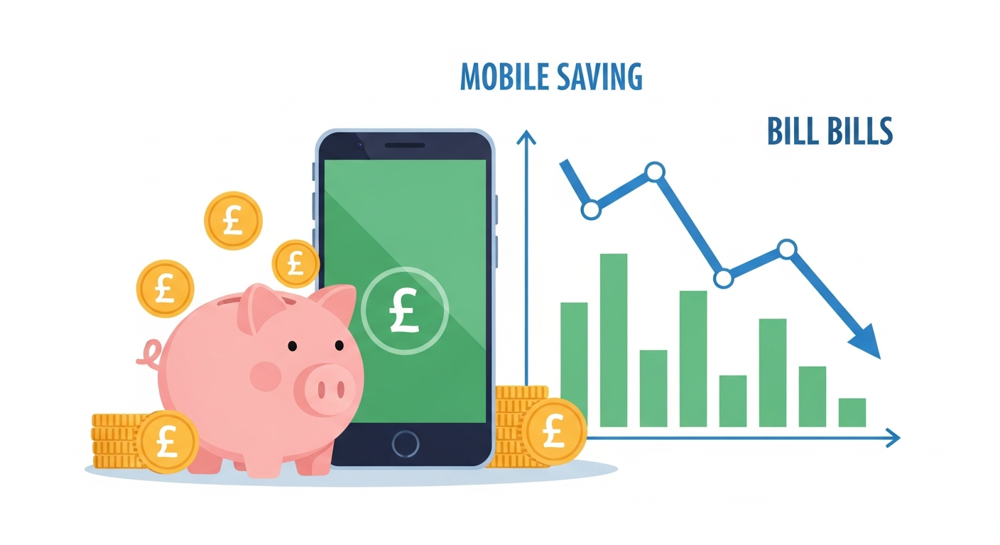 Money saving concept for mobile phone bills with piggy bank and downward trending cost chart