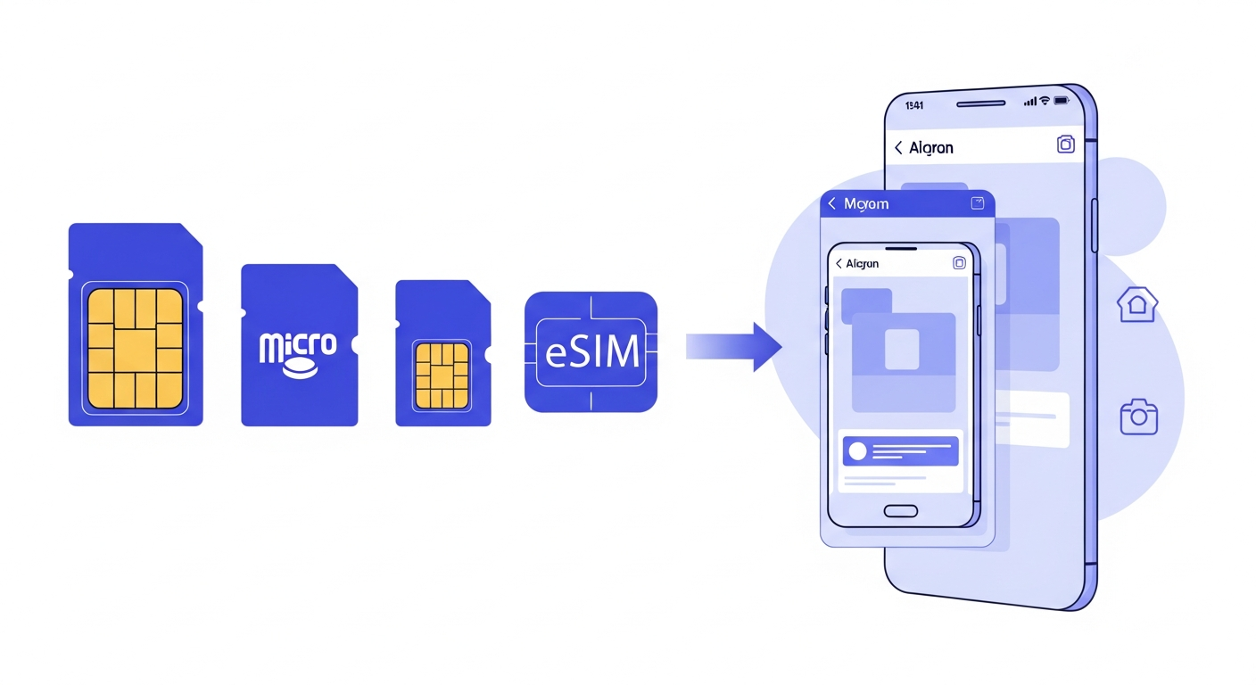 SIM cards and smartphone devices showing different SIM sizes and eSIM chip