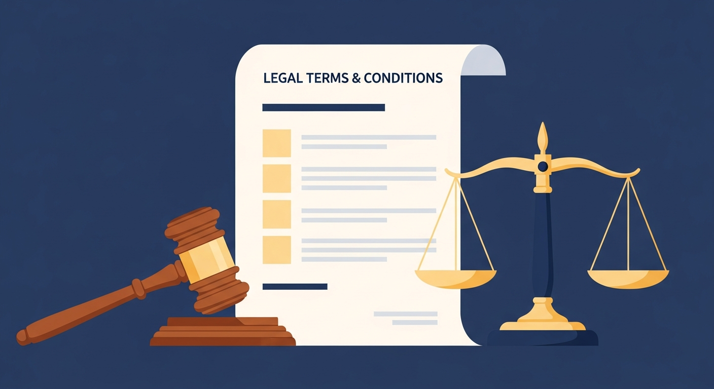 Legal terms and conditions document with organized sections and gavel
