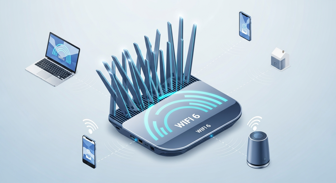 Modern WiFi 6 broadband hub router with advanced antenna array and connected devices