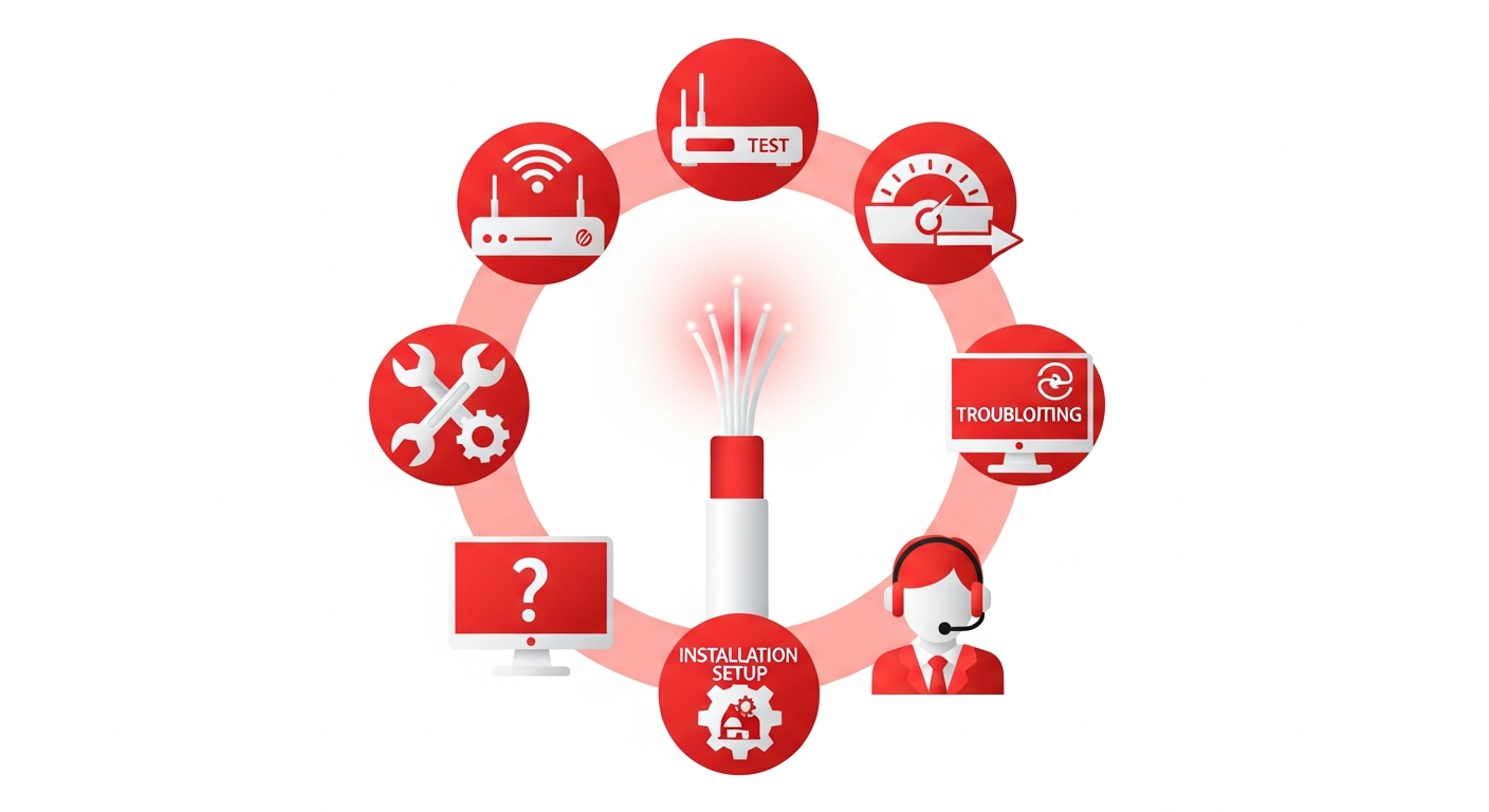 Virgin Media broadband help center hub with support topics and fiber cable