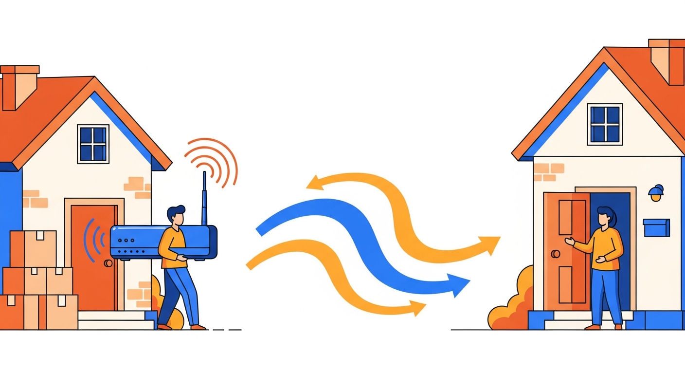 Moving home with broadband showing router transfer between two houses