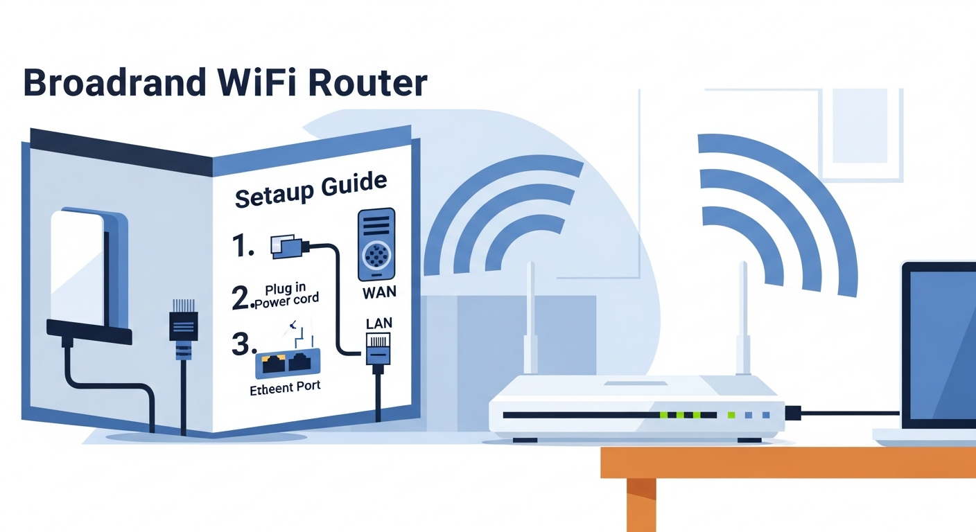 WiFi router setup and configuration guide with broadband router and ethernet cables