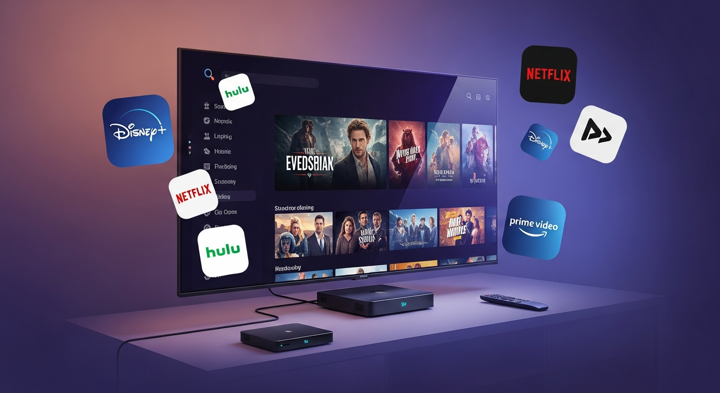 TV and streaming entertainment setup with smart TV and connected set-top box
