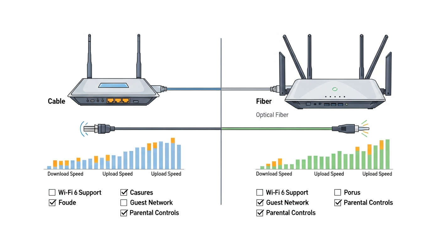 Broadband router comparison infographic showing two providers side by side with speed metrics
